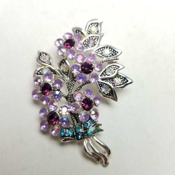 Vintage Pink Rhinestone Flower Cluster Bouquet Shape Brooch, Silver Tone, Estate - Picture 7 of 7